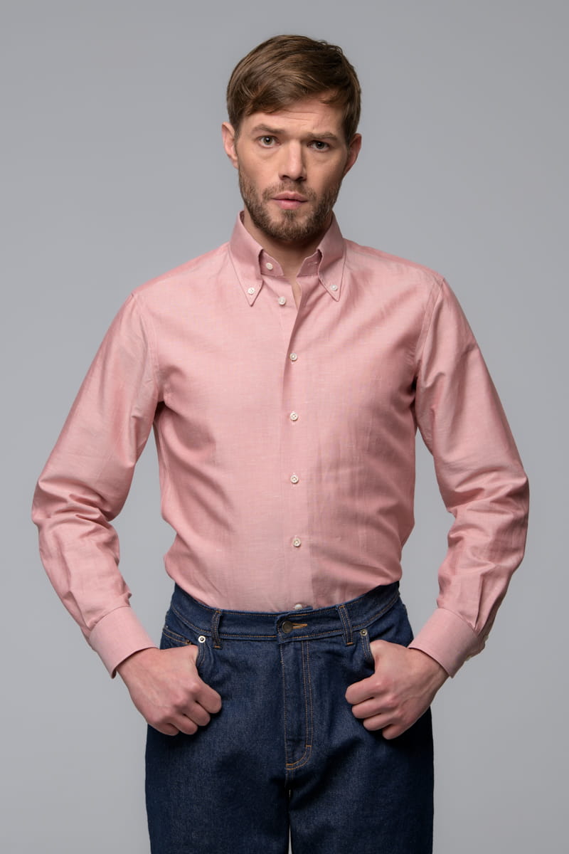 Koszula button down bawełniano-lniana z jedwabiem, różowa