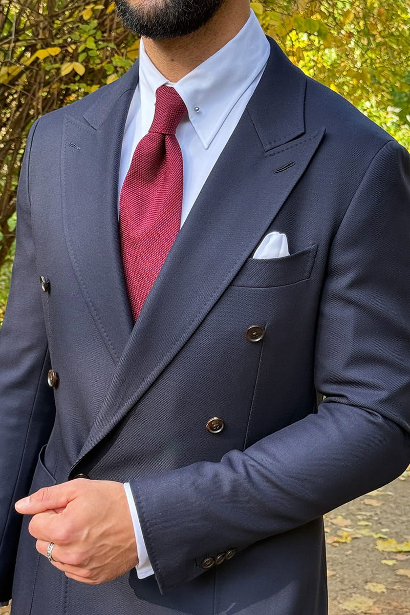 Garnitur dwurzędowy gabardynowy Torino, granatowy, wełniany