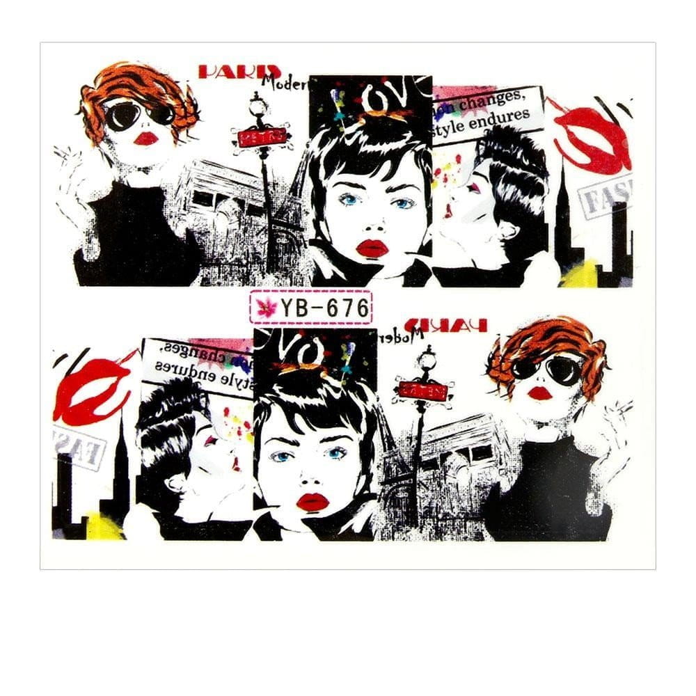 Naklejki wodne do paznokci arkusz 6,5 x 5,5 cm na 10 palców yb Nr 676