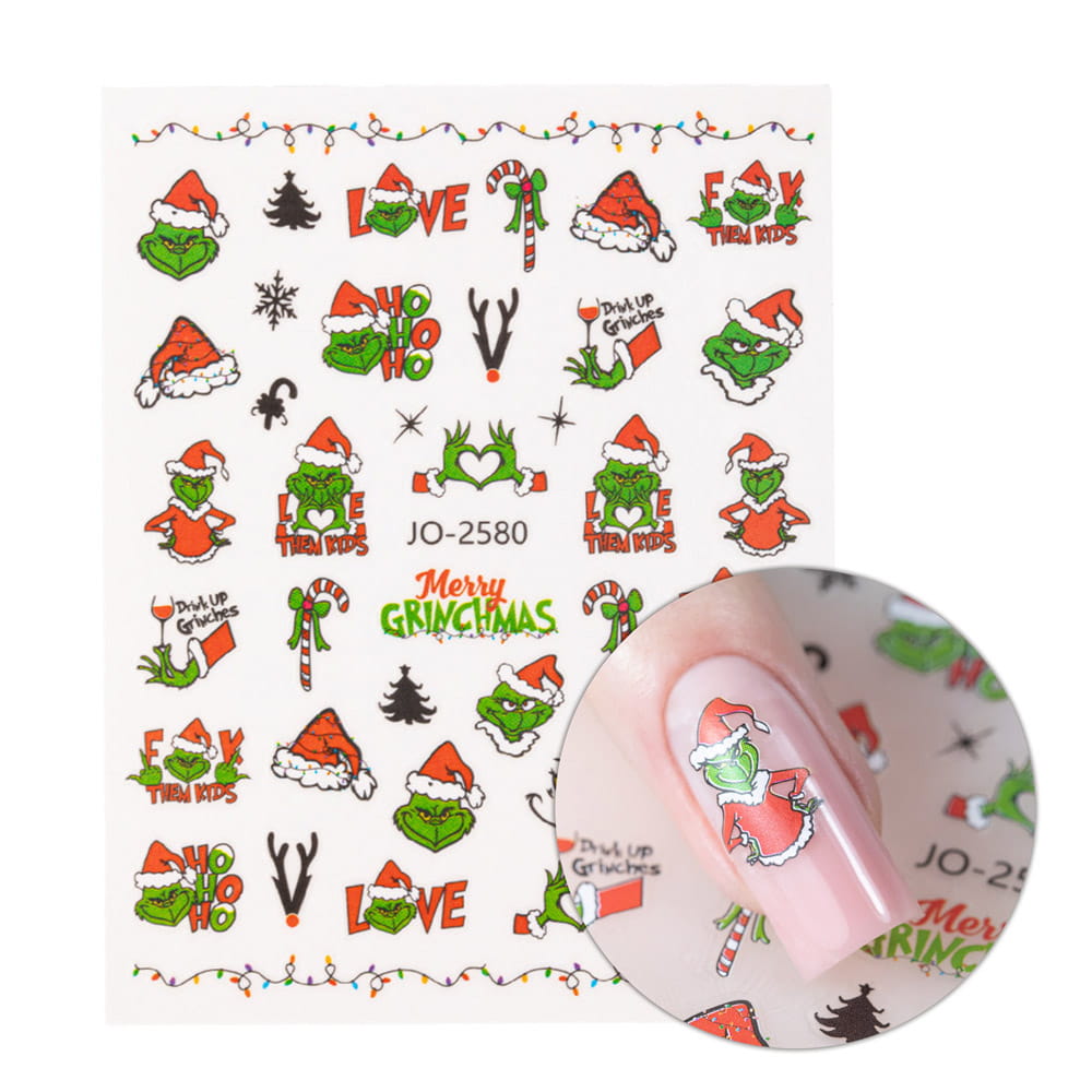 Naklejki do paznokci samoprzylepne świąteczne grinch JO-2580