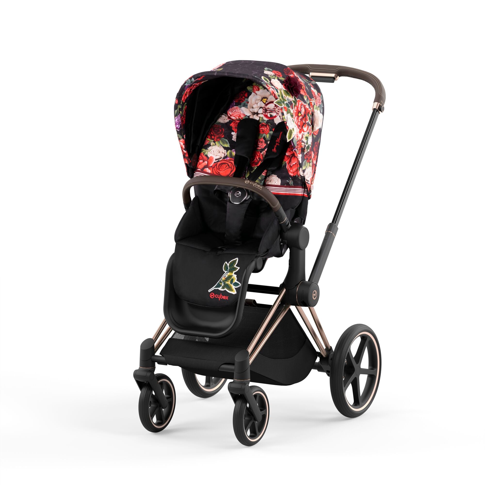 Cybex Priam 4.0 Fashion Collection - wózek spacerowy -Spring Blossom Dark-Chrome z brązową rączką