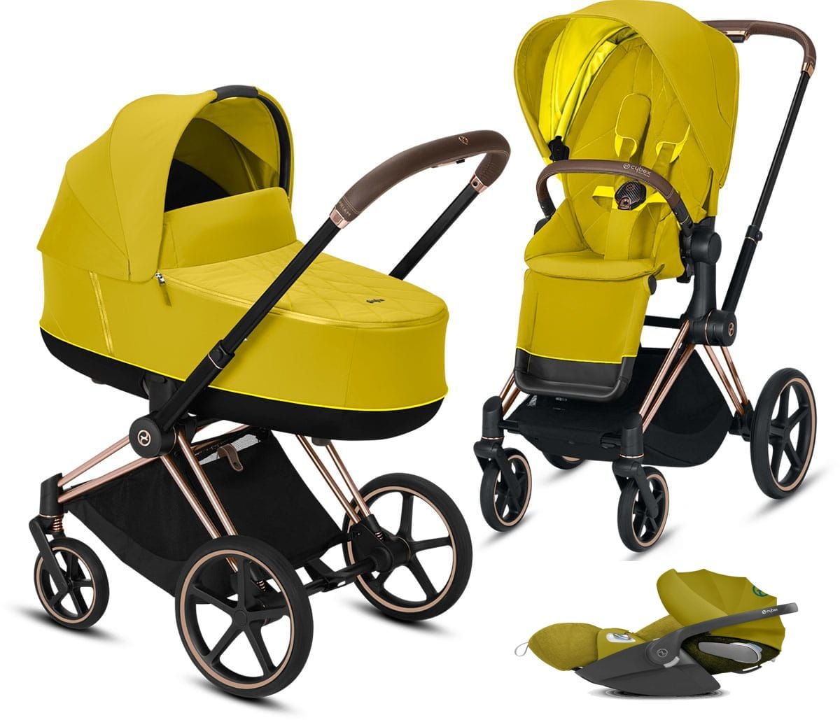 Cybex, Priam 2.0 + Cloud Z i-Size + dodatkowy Seat Pack - wózek głęboko-spacerowy z fotelikiem i dodatkową tapicerką gratis!!!-Mustard Yellow-Chrom...