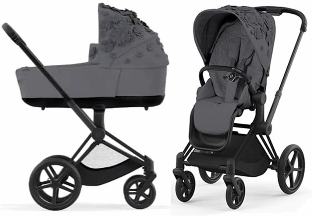 Cybex ePriam Fashion Collection - wózek głęboko-spacerowy z napędem elektrycznym-Simply Flowers Dream Grey-Chrome z brązową rączką