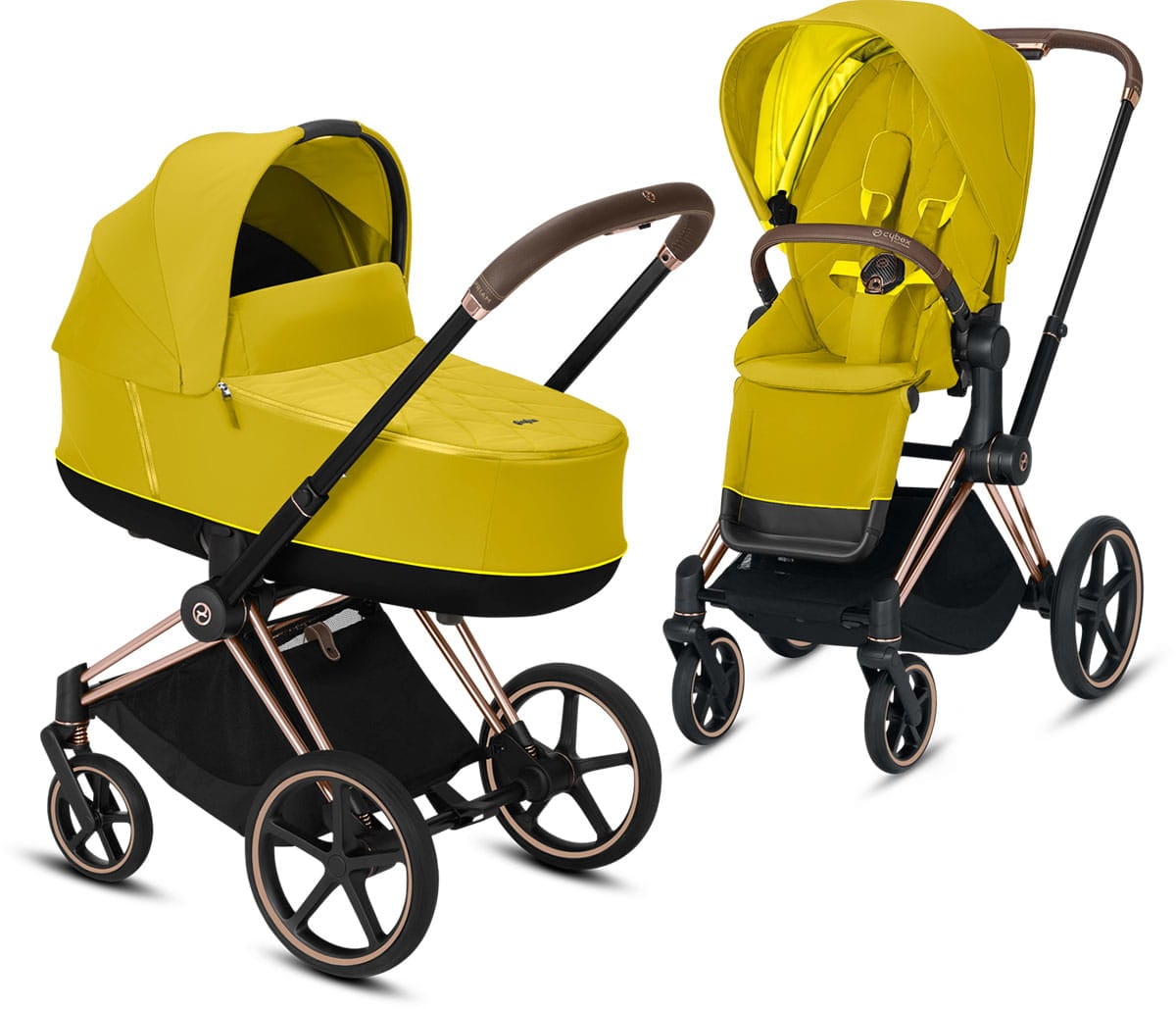 Cybex, Priam 2.0 - wózek spacerowy z gondolą Lux-Mustard Yellow-Chrome z brązową rączką