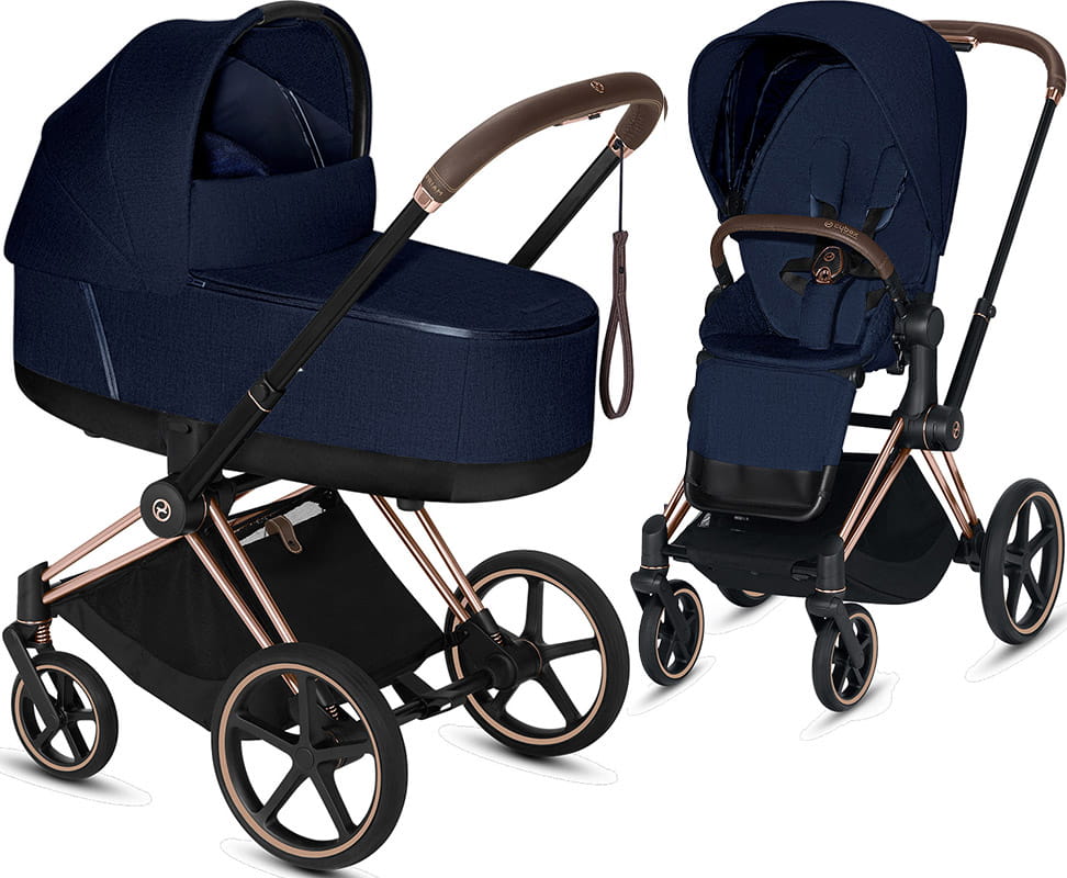Cybex, Priam 2.0 - wózek spacerowy z gondolą Lux-Plus Midnight Blue-Chrome z brązową rączką
