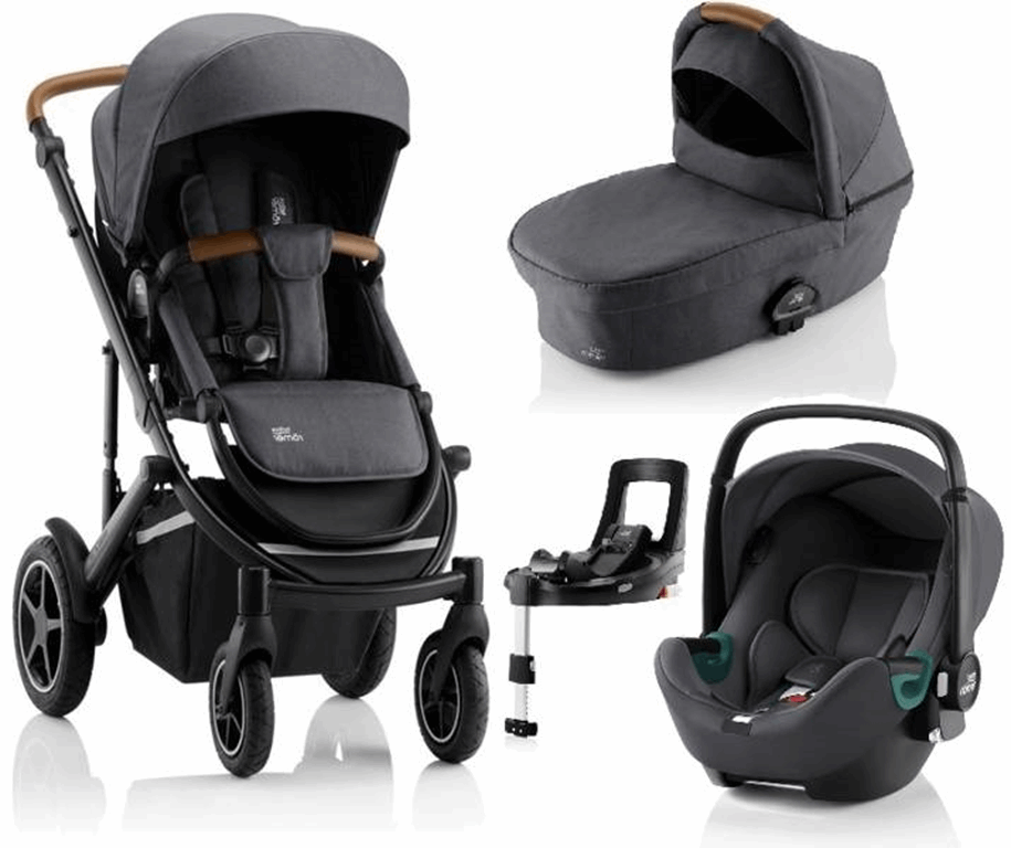 Britax Romer Smile 3 Komfort Plus iSense - wózek głęboko-spacerowy z fotelikiem Baby-Safe iSense i bazą Flex Base iSense 4w1-Midnight Grey