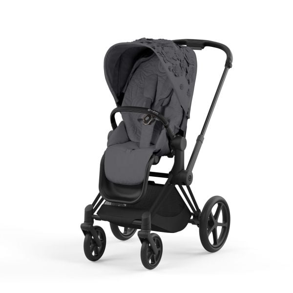 Cybex ePriam Fashion Collection - wózek spacerowy z napędem elektrycznym-Simply Flowers Dream Grey-Chrome z brązową rączką