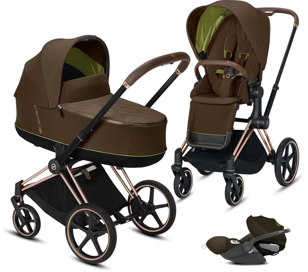 Cybex, Priam 2.0 + Cloud Z i-Size + dodatkowy Seat Pack - wózek głęboko-spacerowy z fotelikiem i dodatkową tapicerką gratis!!!-Khaki Green-Rose Gold