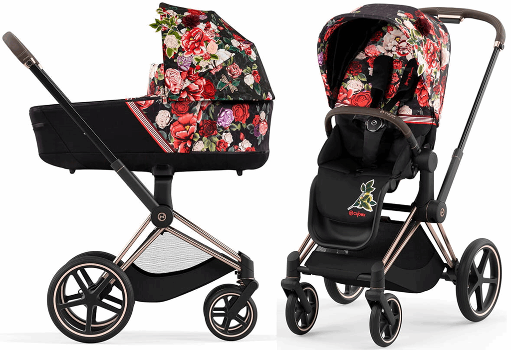 Cybex Priam 4.0 Fashion Collection - wózek głęboko-spacerowy -Spring Blossom Dark-Chrome z brązową rączką