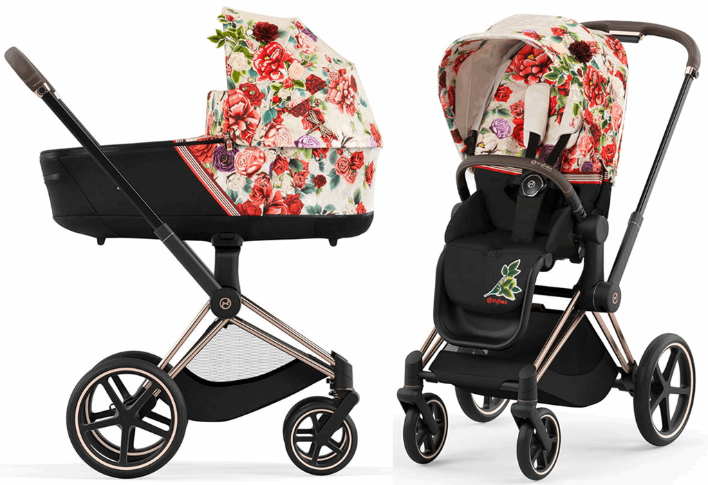 Cybex ePriam Fashion Collection - wózek głęboko-spacerowy z napędem elektrycznym-Spring Blossom Light-Chrome z brązową rączką
