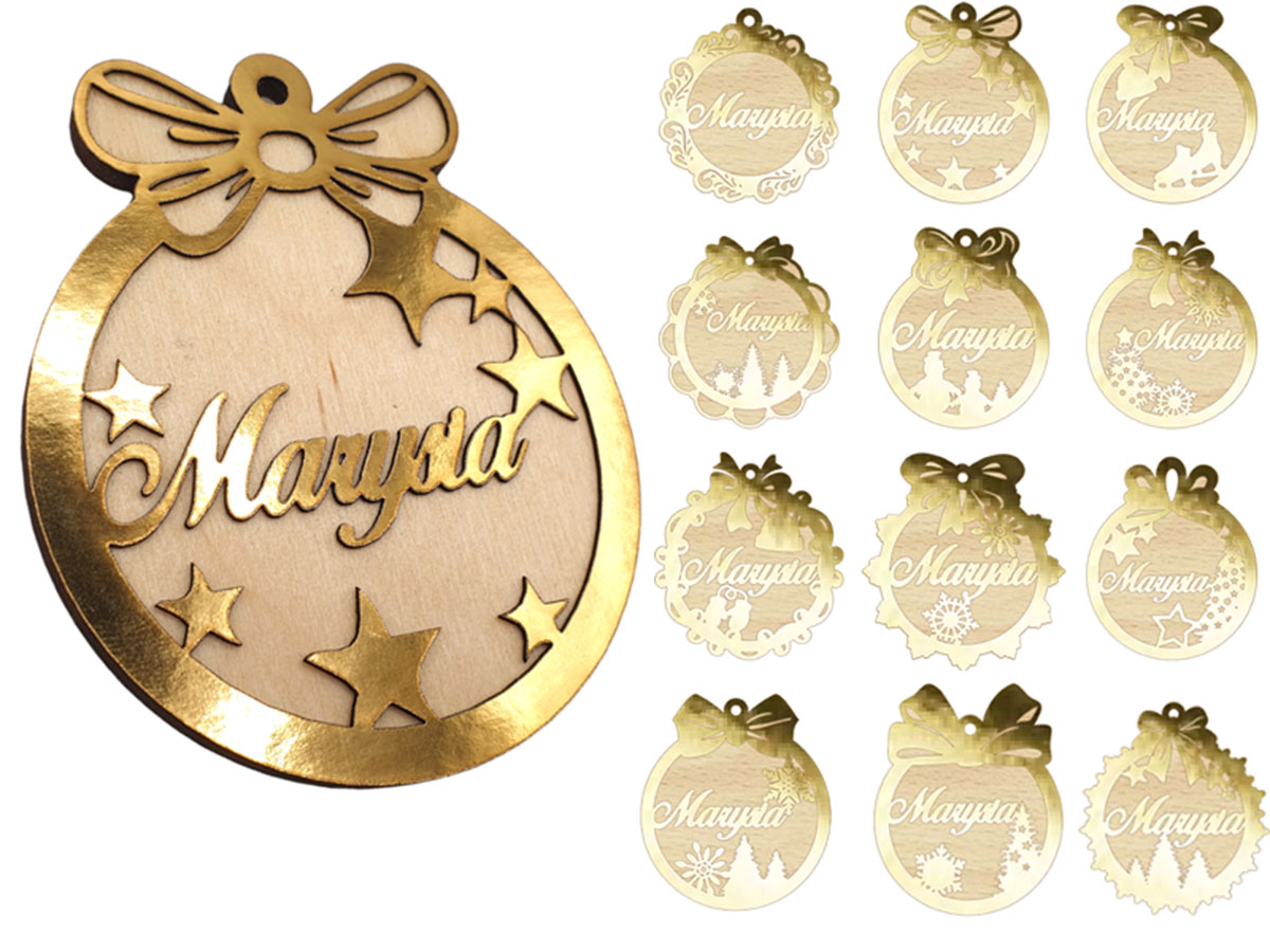 Bombki z Imieniem na choinkę lustrzane złoto, Drewniane zawieszki świąteczne z Logiem Firmowym, ozdoba na Boże Narodzenie prezent WZORY