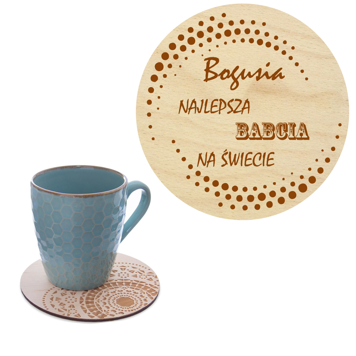 Prezent dla Babci podstawka pod kubek na kawę z Imieniem grawer napis słowo