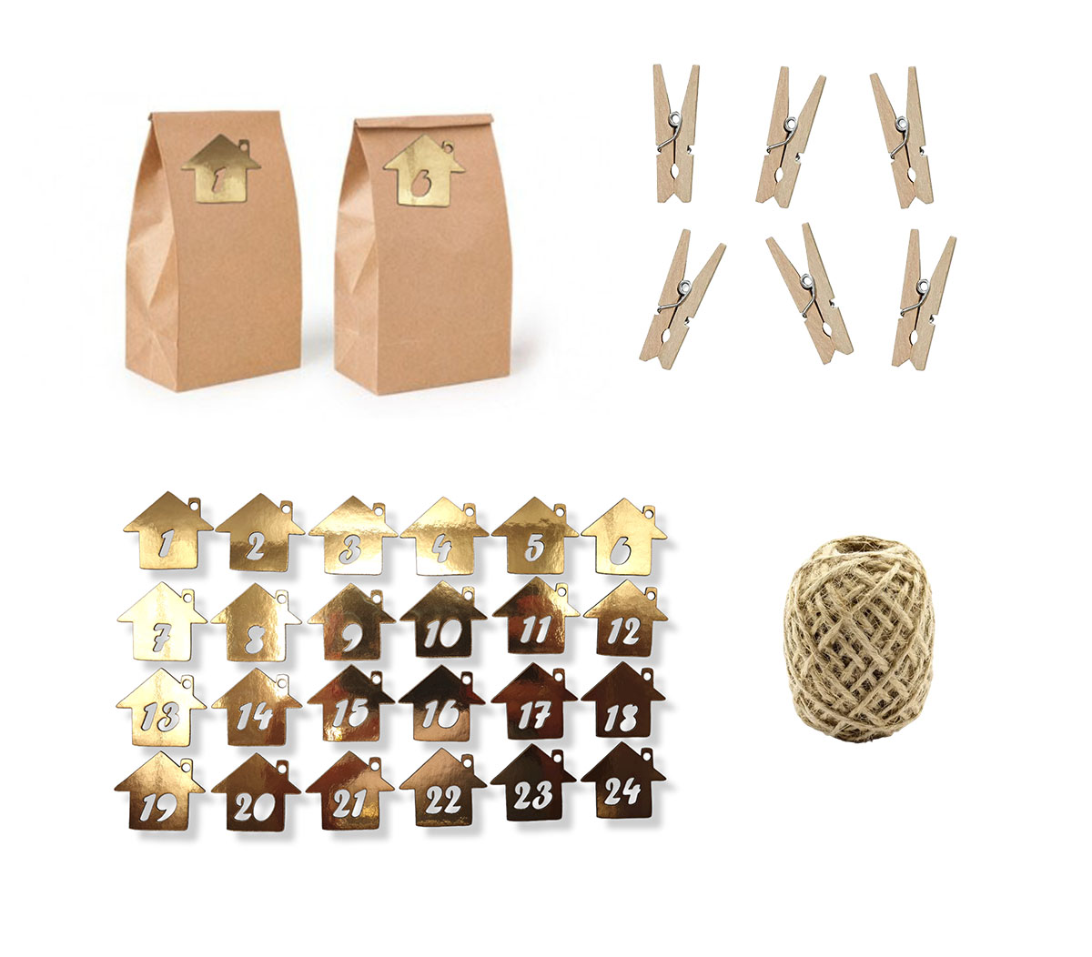 Kalendarz adwentowy torebki kraft 24 szt. + numerki, sznurek i klamerki, Złote domki, EKO Zestaw