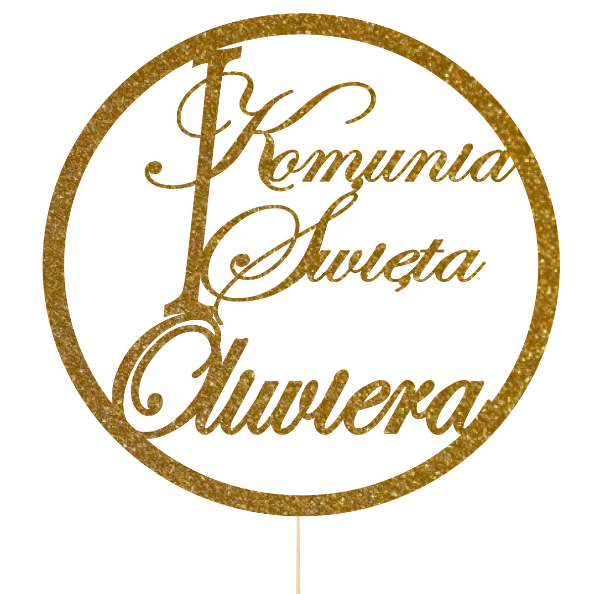 Topper dekoracja na bok tortu pik Pierwsza Komunia Święta drewno napis imię złoty