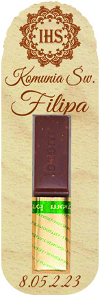 Podziękowanie dla gości MERCI czekoladki prezent z życzeniami na Komunię Roczek Urodziny Ślub Chrzest Święty IMIĘ grawer IHS Hostia