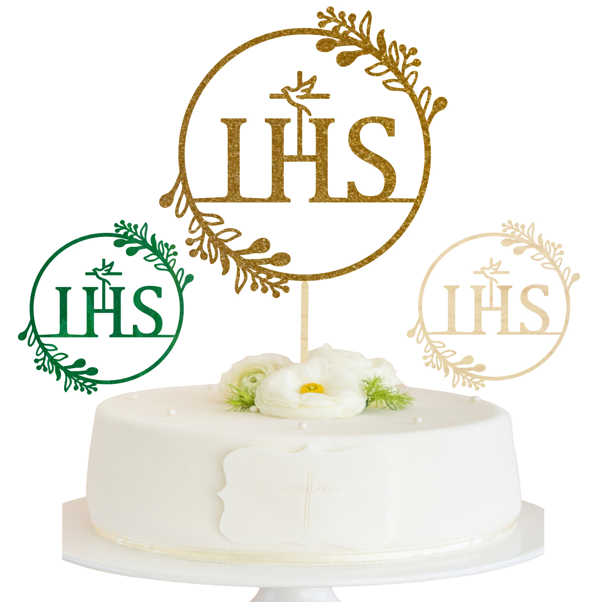 Topper na Komunię Świętą na bok tortu piker IHS hostia złoty zielony drewno boho