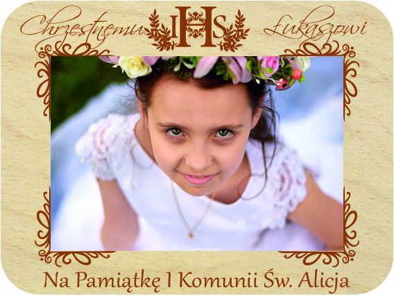 Pamiątka Pierwszej Komunii Świętej prezent dla Chrzestnych podziękowanie ramka na zdjęcie Komunia Święta, drewniana kartka z życzeniami IMIĘ grawer