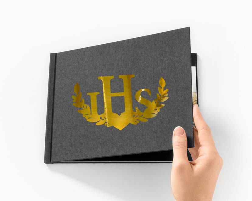 Napis emblemat IHS na ksiegę gości album do zdjęć złoty, dekoracja na Komunię Świętą Chrzest Święty
