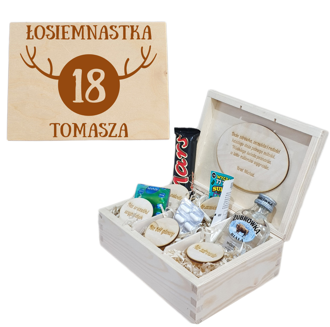 Drewniane pudełko, niezbędnik, prezent urodzinowy.