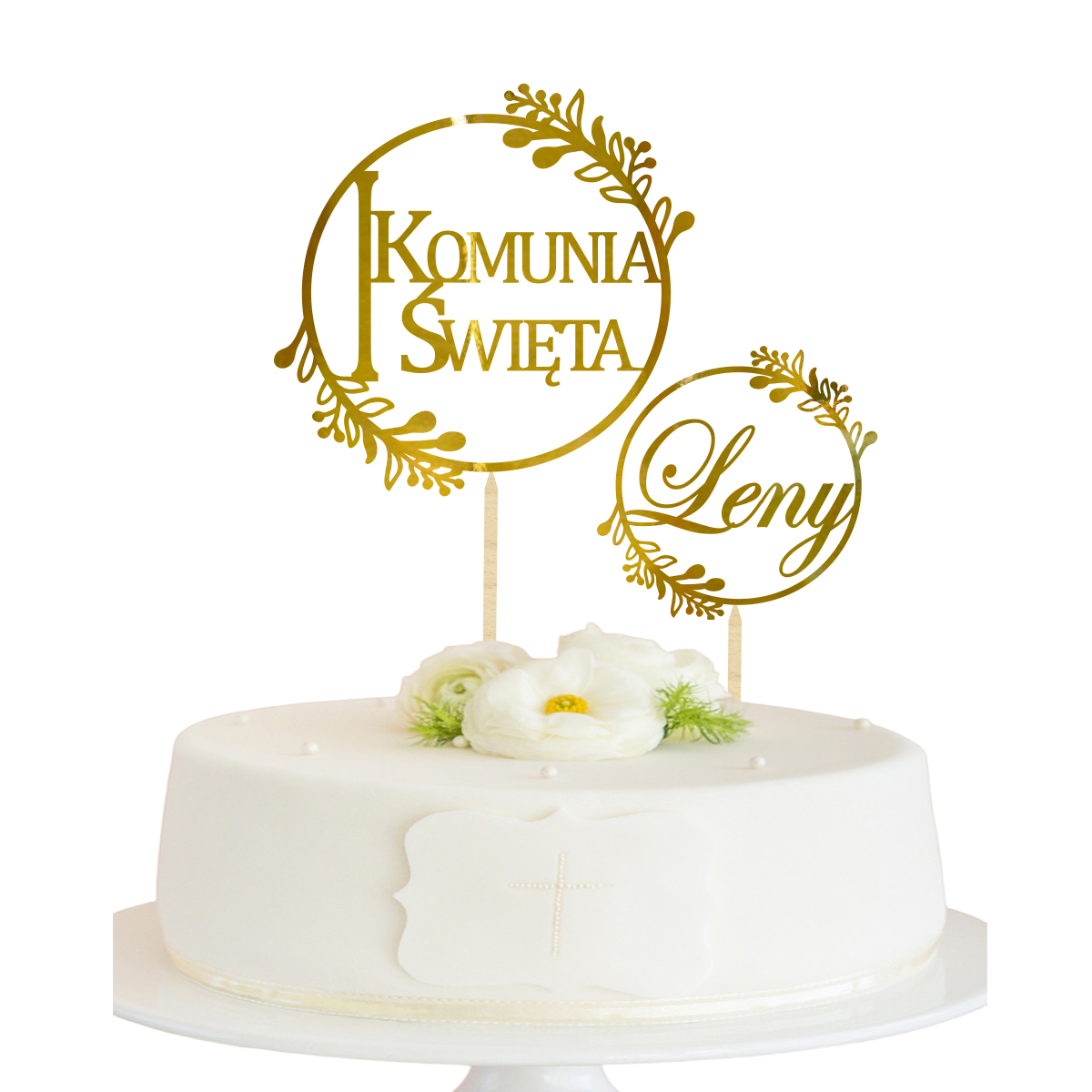 Topper na Komunię Świętą na bok tortu piker imię złoty lustrzane złoto boho zestaw