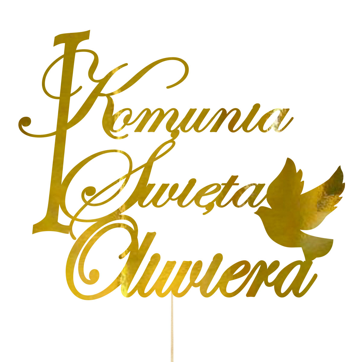 Topper dekoracja na bok tortu pik Pierwsza Komunia Święta złote lustro napis imię