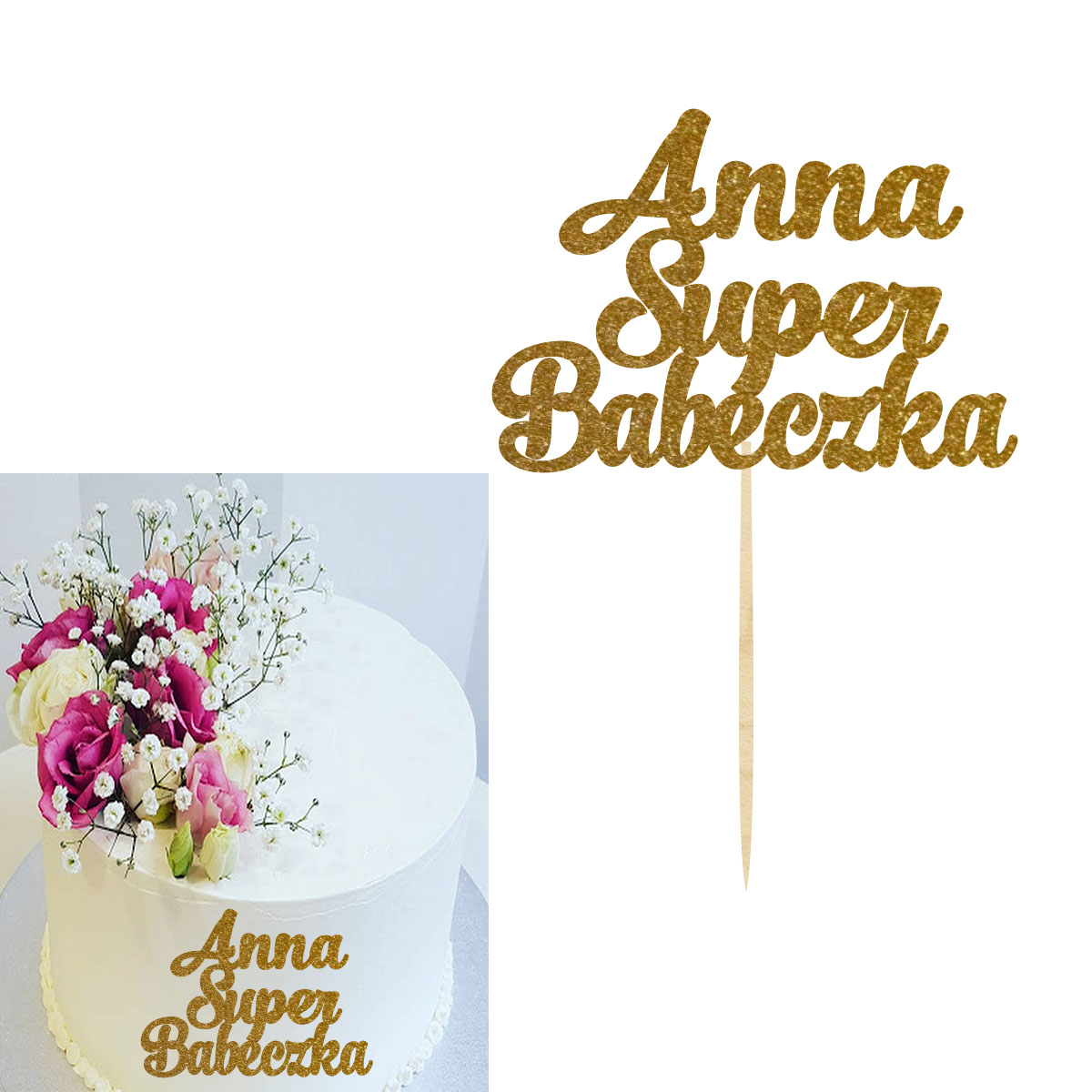 Topper dekoracja na bok tortu pik do prezentu lub bukietu kwiatów dzień kobiet 8 marca drewno złoty imię napis