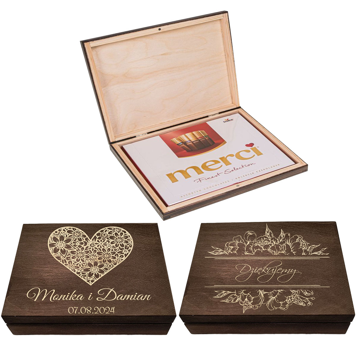 Pudełko na czekoladki Merci prezent podziękowanie dla rodziców chrzestnych świadków na ślub twój napis grawer brąz