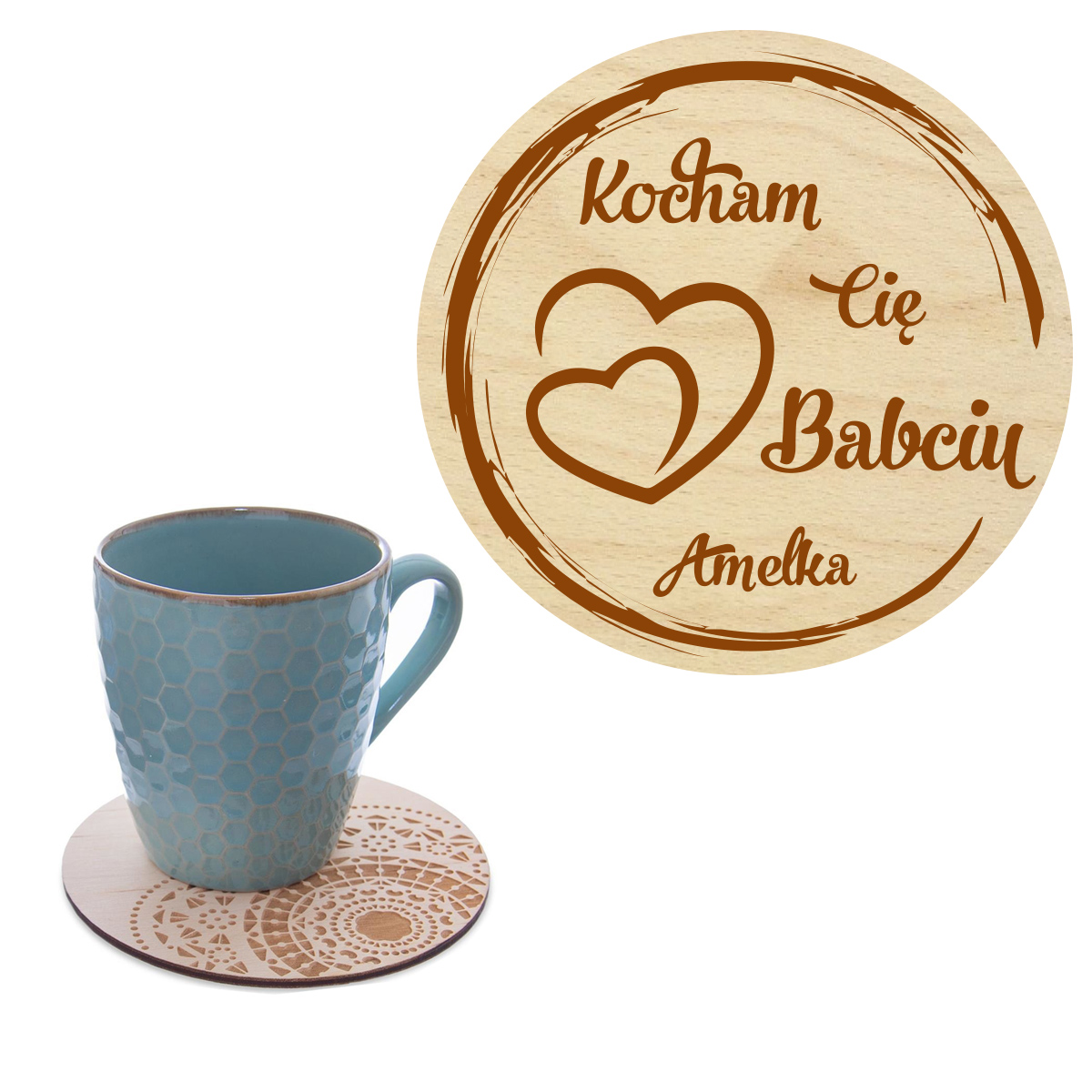 Prezent dla Babci podstawka pod kubek na kawę z Imieniem grawer napis słowo