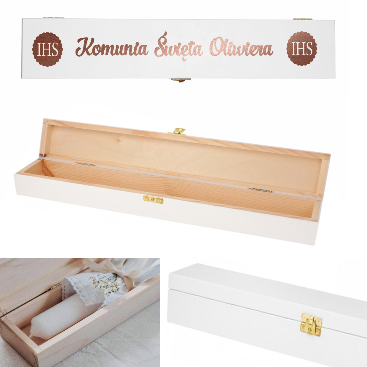 Pudełko drewniane na świecę na Komunię Świętą, kolor biały, imię data napis różowe złoto
