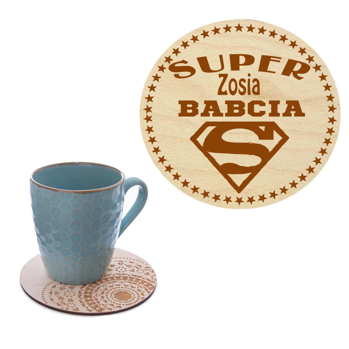 Prezent dla Babci podstawka pod kubek na kawę z Imieniem grawer napis słowo