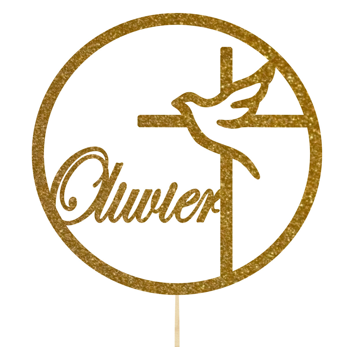 Topper dekoracja na bok tortu pik Pierwsza Komunia Święta drewno napis imię złoty