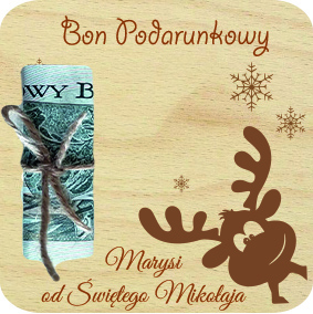 Świąteczny Bon Podarunkowy, drewniana kartka na prezent, pieniadze, banknoty, Imię, napis, słowo, grawer