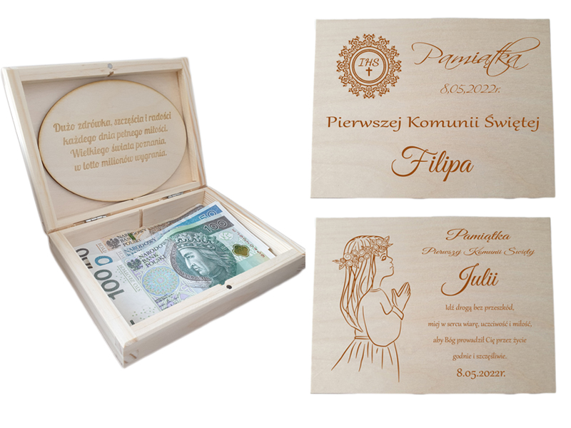 Pudełko na pieniądze, Pamiątka Pierwszej Komunii Świętej, prezent, kartka, grawer, życzenia.