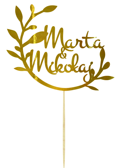 Topper napis na tort dekoracja na Ślub z Imionami Młodej Pary w kolorze złotym z gałązkami