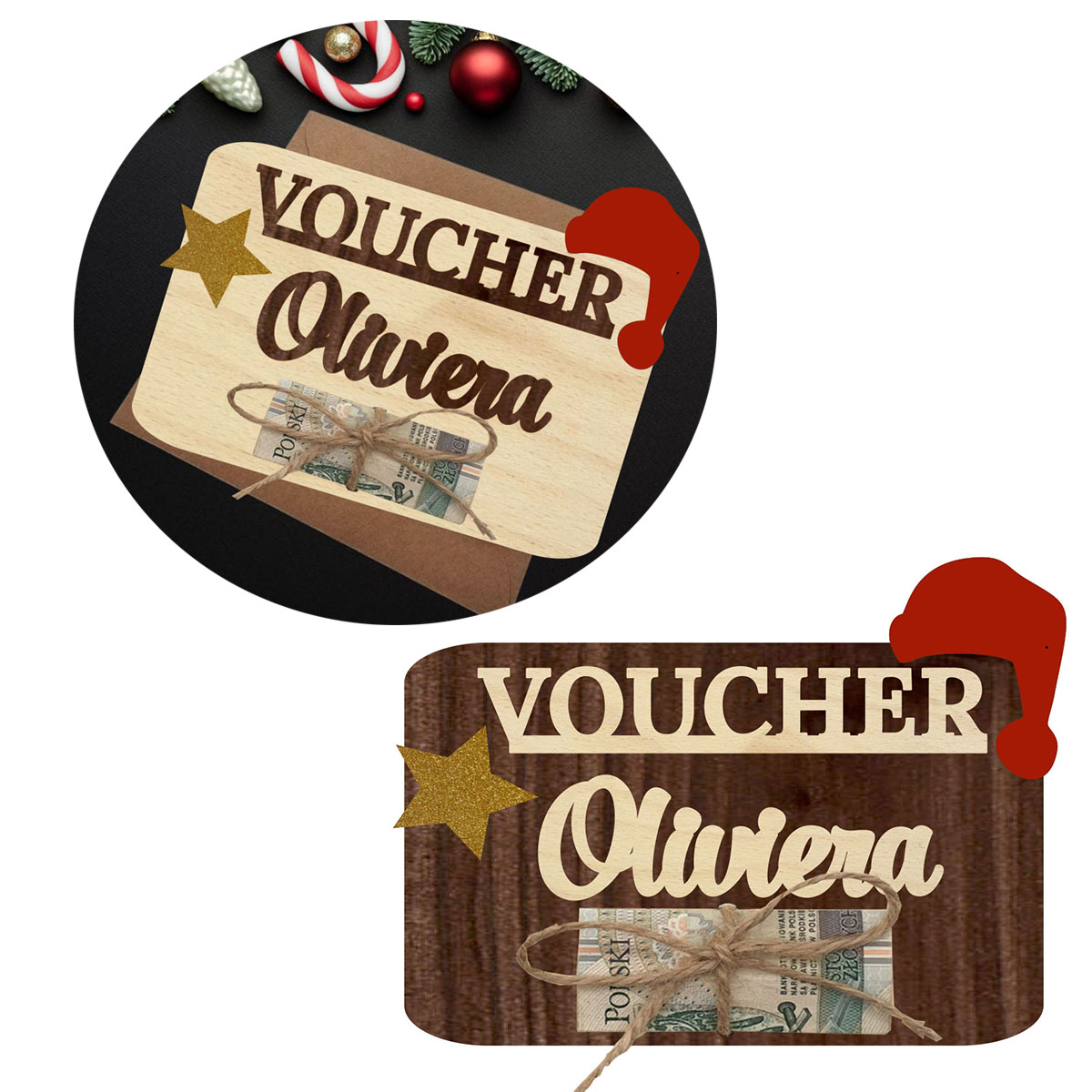 Świąteczny Bon Podarunkowy, drewniana kartka na prezent, pieniadze, voucher mikołajki banknoty Twój napis LOGO
