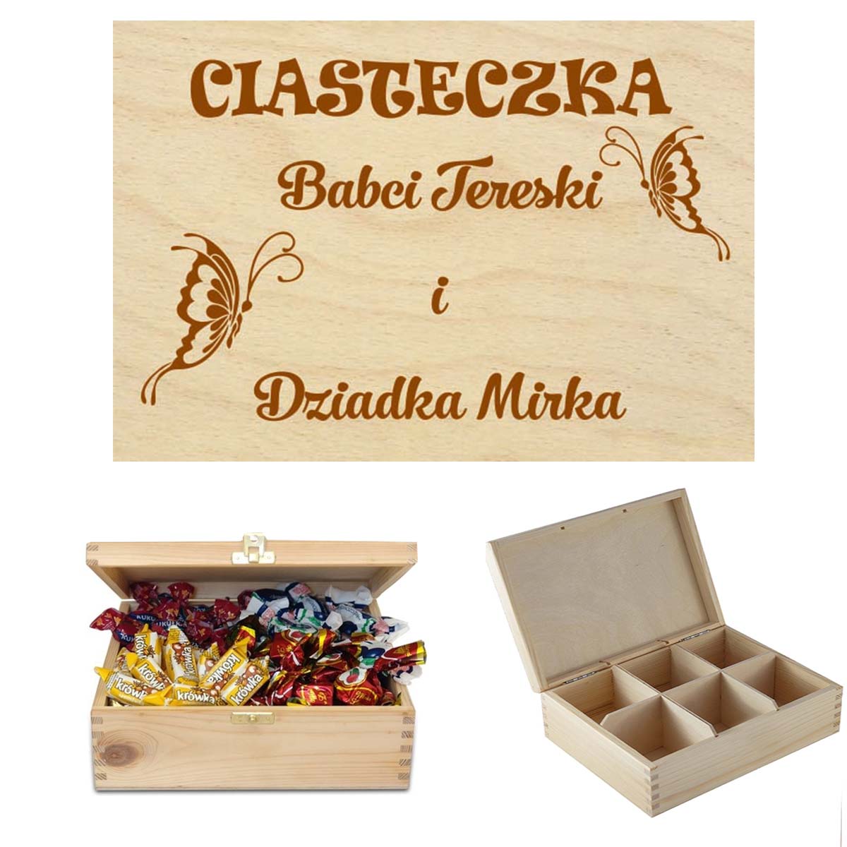 Prezent dla Babci drewniane pudełko na słodycze, czekoladki, cukierki, sprzęt krawiecki, niezbędnik na drobiazgi, herbaciarka z grawerem Imi