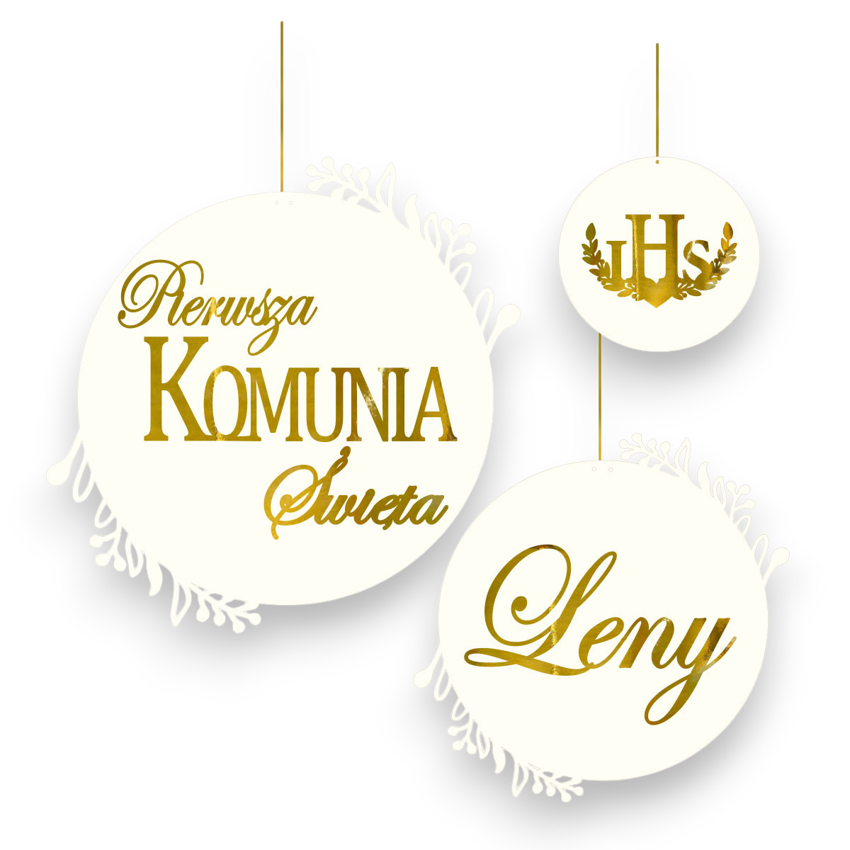 Baner na Komunię Świętą z imieniem koła, obręcze dekoracja ścianka Tablica komunijna złote lustro zestaw