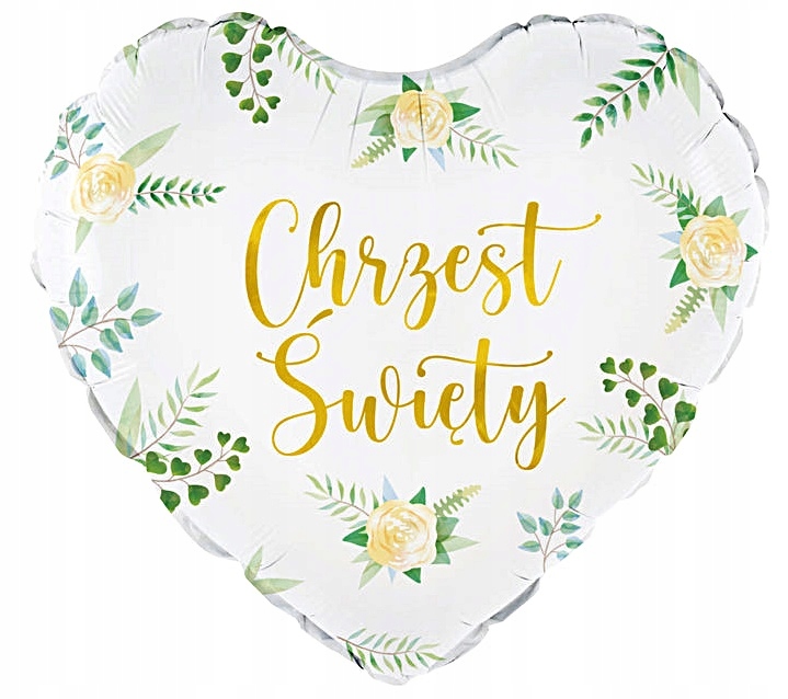 Balon foliowy serce na Chrzest Święty złoty napis zielone gałązki 45cm 1szt
