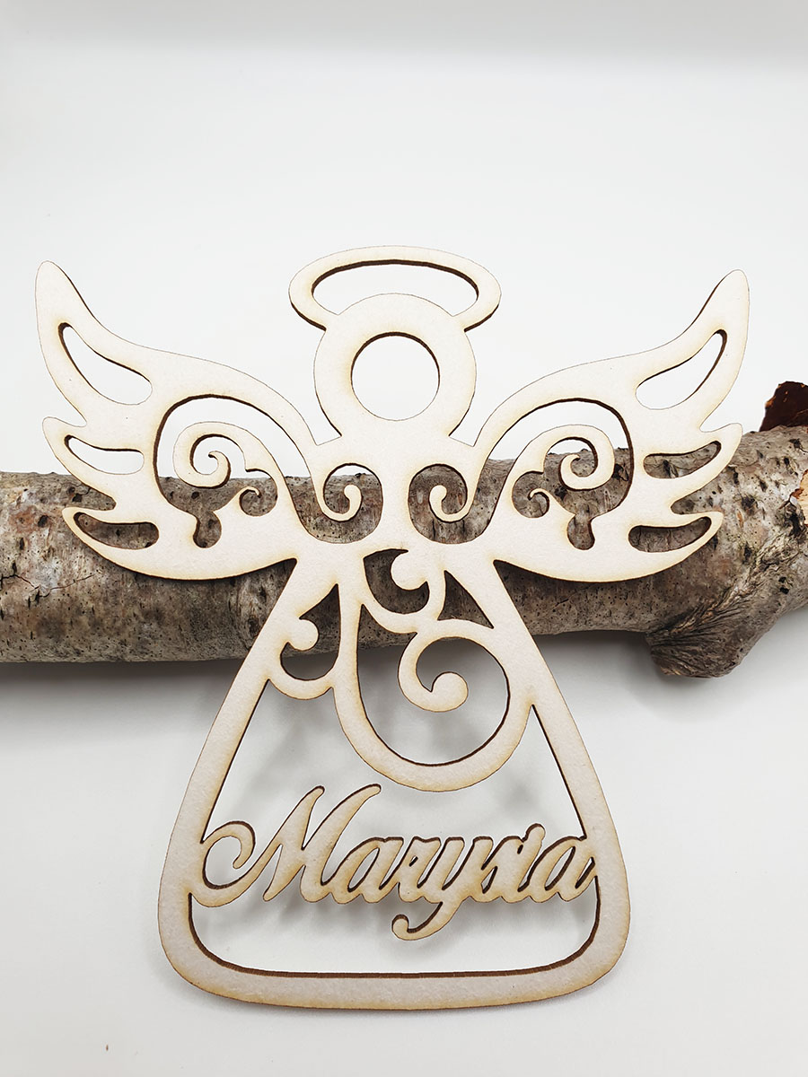 Bombka Imię - aniołek na choinkę, zawieszka ażurowa z bermaty z Logiem Firmowym, ozdoba na Boże Narodzenie prezent