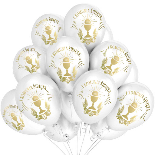 Balony komunijne na komunię z nadrukiem I Komunia Święta Kielich 10 szt. biało - złote