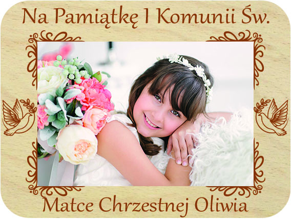 Pamiątka Pierwszej Komunii Świętej prezent dla Chrzestnych podziękowanie ramka na zdjęcie Komunia Święta, drewniana kartka z życzeniami IMIĘ grawer