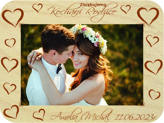 Pamiątka Ślubna prezent dla Rodziców Chrzestnych Świadków Pary Młodej podziękowanie ramka na zdjęcie, drewniana kartka z życzeniami IMIĘ grawer