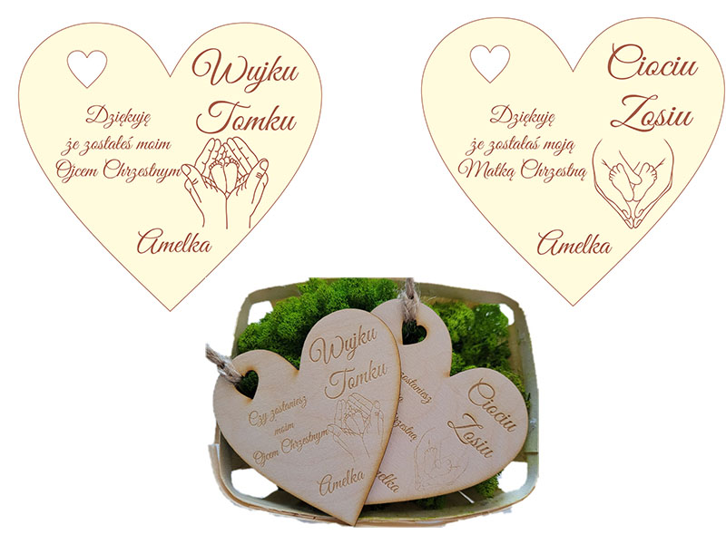 Podziękowanie dla chrzestnych zawieszka, magnes, kartka IMIĘ grawer serca 2szt.