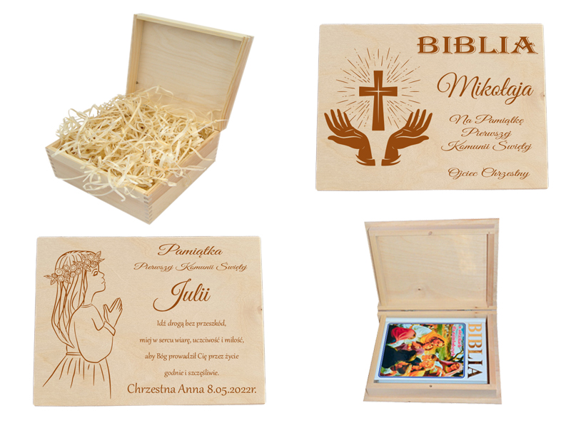 Drewniane pudełko na Biblię, pieniądze, kuferek wspomnień, prezent na Pierwszą Komunię Świętą.