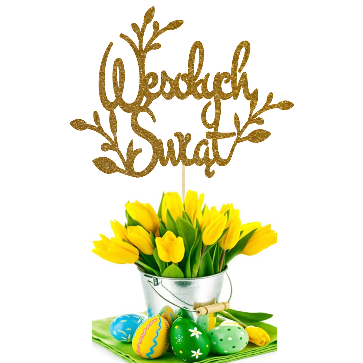 Topper dekoracja wielkanocna Wesołych Świąt na bok pik do babeczki prezentu lub bukietu drewno złoty