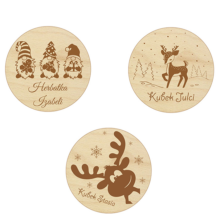 Drewniana podstawka podkładka Świąteczna pod kubek szklankę świecę z Imieniem grawer personalizacja słowo napis LOGO