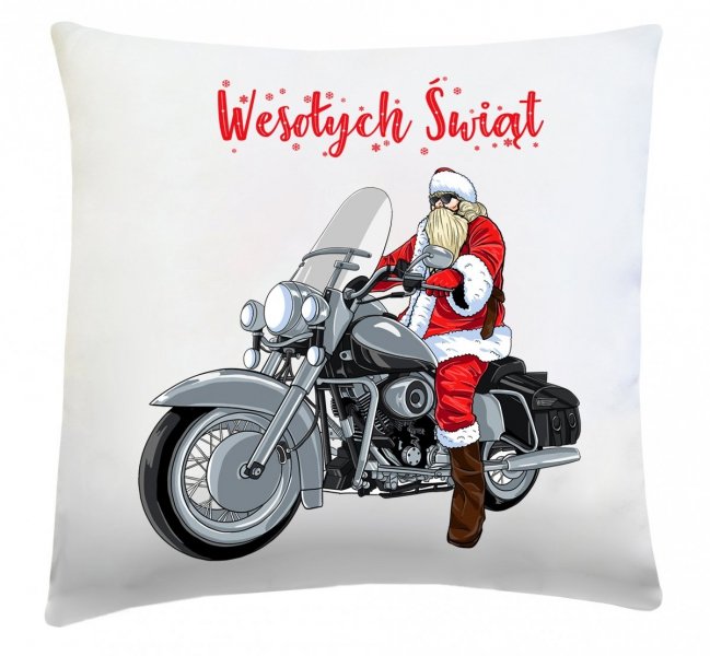 Poduszka świąteczna 40x40 wz. Mikołaj na motocyklu