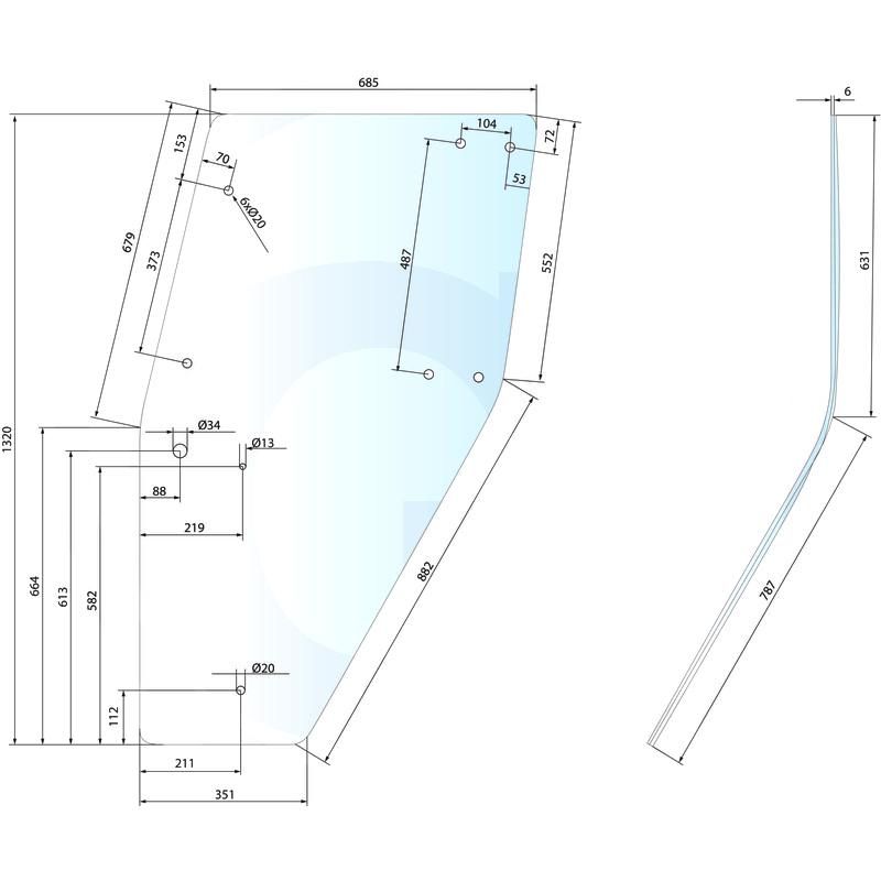 Szyba drzwi lewa, nowa wersja z mocowaniem z zawiasem z 4 otworami Deutz DX 4.10 6.19 4358529