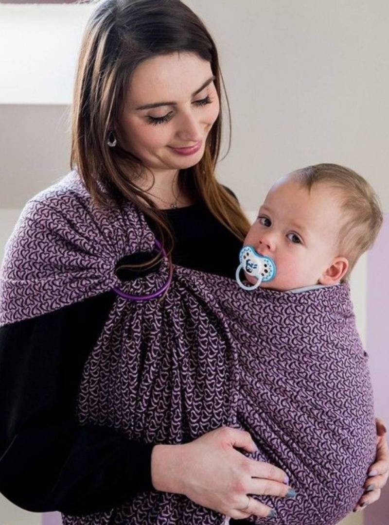 Chusta do noszenia dzieci LITTLE HEARTS RING (fiolet) - 100% Bawełna, chusta kółkowa, rozmiar: 2,1 m, splot żakardowy
