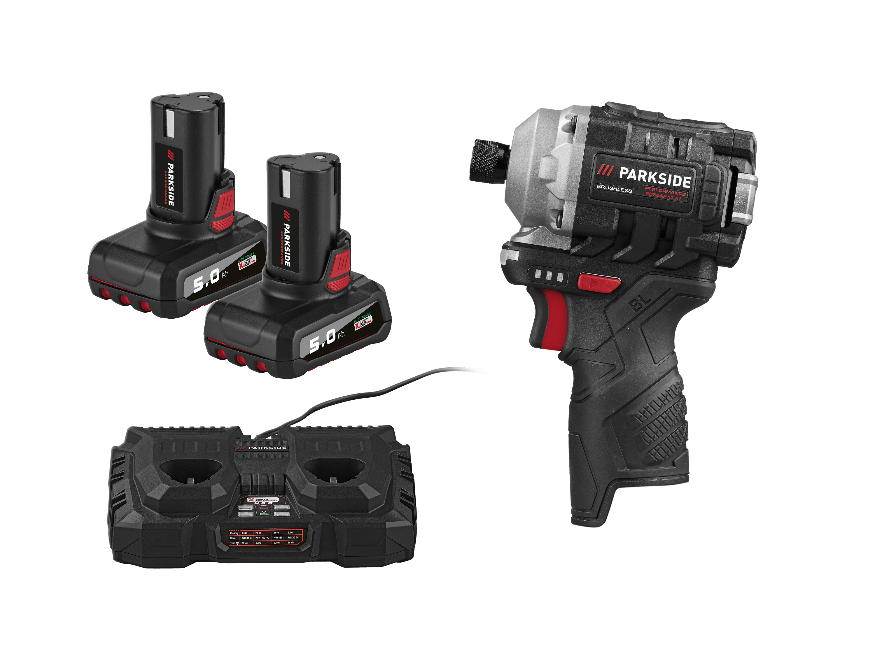 Zestaw Akumulatorowa zakrętarka udarowa, 12 V z 2 akumulatorami, 5 Ah z funkcją Cell Balancing i podwójną ładowarką, 2